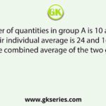 If the number of quantities in group A is 10 and in group B is 8, and their individual average is 24 and 16 respectively, find the combined average of the two groups.