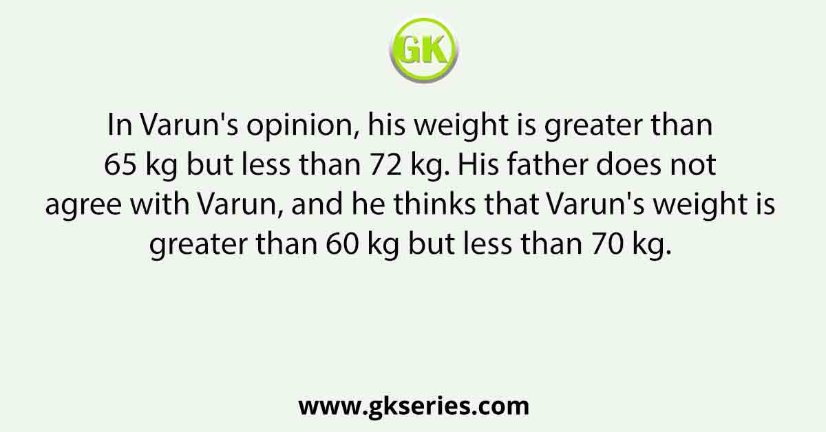 In Varun's opinion, his weight is greater than 65 kg but less than 72 kg. His father does not agree with Varun, and he thinks that Varun's weight is greater than 60 kg but less than 70 kg.