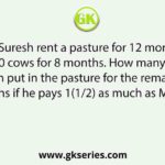 Mahesh and Suresh rent a pasture for 12 months. Mahesh puts in 200 cows for 8 months. How many cows can Suresh put in the pasture for the remaining 4 months if he pays 1(1/2) as much as Mahesh?
