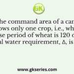 The command area of a canal grows only one crop, i.e., wheat. The base period of wheat is 120 days and its total water requirement, Δ, is 40 cm.