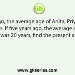 Three years ago, the average age of Anita, Priya, and Varsha was 27 years. If five years ago, the average age of Priya and Varsha was 20 years, find the present age of Anita.