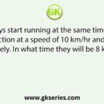 Two boys start running at the same time in the same direction at a speed of 10 km/hr and 12 km/hr respectively. In what time they will be 8 km apart?
