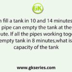 Two pipes can fill a tank in 10 and 14 minutes respectively. A third pipe can empty the tank at the rate of10 liters/minute. If all the pipes working together can fill the empty tank in 8 minutes,what is the capacity of the tank?