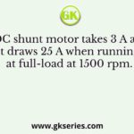 A 220 V DC shunt motor takes 3 A at no-load. It draws 25 A when running at full-load at 1500 rpm.