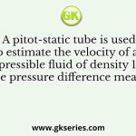 A pitot-static tube is used to estimate the velocity of an incompressible fluid of density 1 kg/m3. If the pressure difference measured