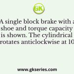 A single block brake with a short shoe and torque capacity of 250 N·m is shown. The cylindrical brake drum rotates anticlockwise at 100 rpm