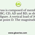 A truss is composed of members AB, BC, CD, AD and BD, as shown in the figure. A vertical load of 10 kN is applied at point D. The magnitude of force
