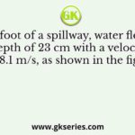 At the foot of a spillway, water flows at a depth of 23 cm with a velocity of 8.1 m/s, as shown in the figure