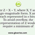 Consider Z = X – Y, where X, Y and Z are all in sign-magnitude form. X and Y are each represented in 𝑛 bits. To avoid overflow, the representation of Z would require a minimum of