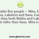 Consider five people – Mita, Ganga, Rekha, Lakshmi and Sana. Ganga is taller than both Rekha and Lakshmi. Lakshmi is taller than Sana. Mita is taller than