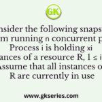 Consider the following snapshot of a system running n concurrent processes. Process i is holding xi instances of a resource R, 1 ≤ i ≤ n. Assume that all instances of R are currently in use
