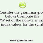 Consider the grammar given below: Compute the FOLLOW set of the non-terminal B and write the index values for the symbols in the
