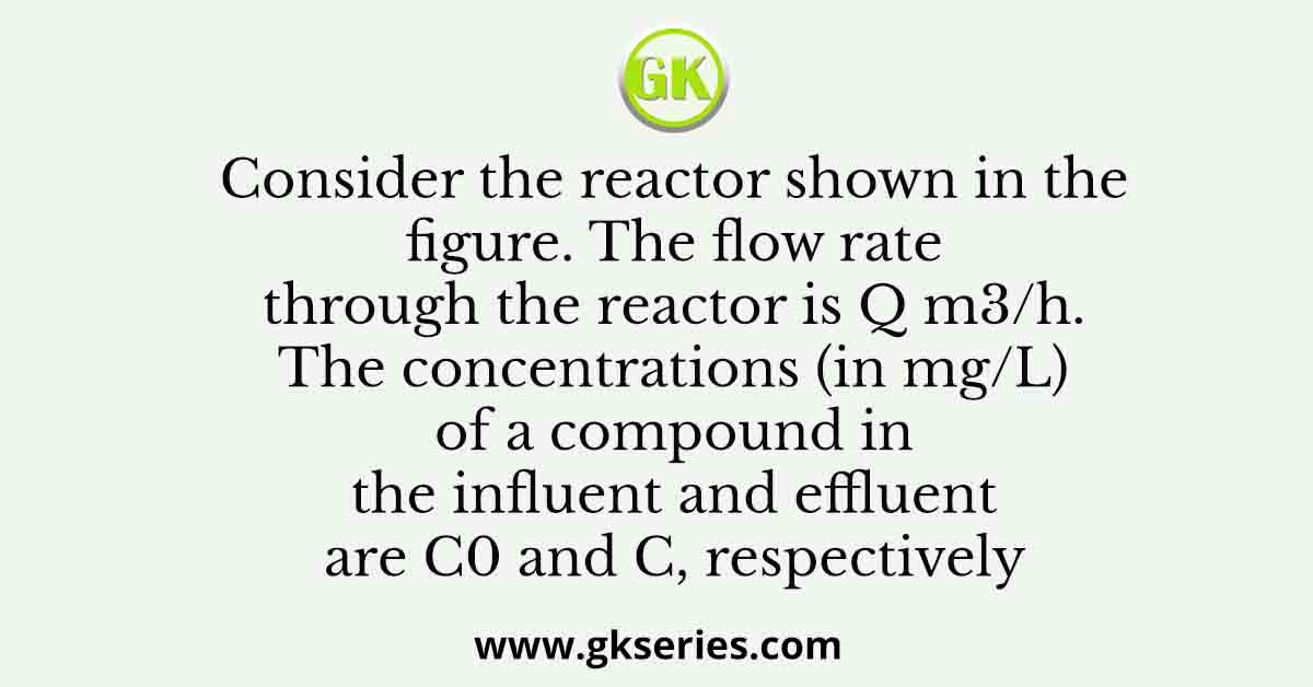 Consider the reactor shown in the figure. The flow rate through the reactor is Q m3/h. The concentrations (in mg/L) of a compound in the influent and effluent are C0 and C, respectively