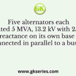 Five alternators each rated 5 MVA, 13.2 kV with 25% of reactance on its own base are connected in parallel to a busbar.