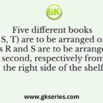 Five different books (P, Q, R, S, T) are to be arranged on a shelf. The books R and S are to be arranged first and second, respectively from the right side of the shelf