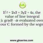 If 𝑓 = 2𝑥3 + 3𝑦2 + 4𝑧, the value of line integral ∫𝐶 grad𝑓 ∙ 𝑑𝐫 evaluated over contour C formed by the segments