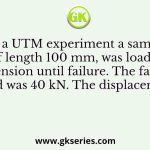 In a UTM experiment a sample of length 100 mm, was loaded in tension until failure. The failure load was 40 kN. The displacement