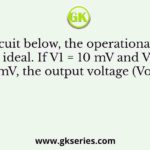 In the circuit below, the operational amplifier is ideal. If V1 = 10 mV and V2 = 50 mV, the output voltage (Vout) is