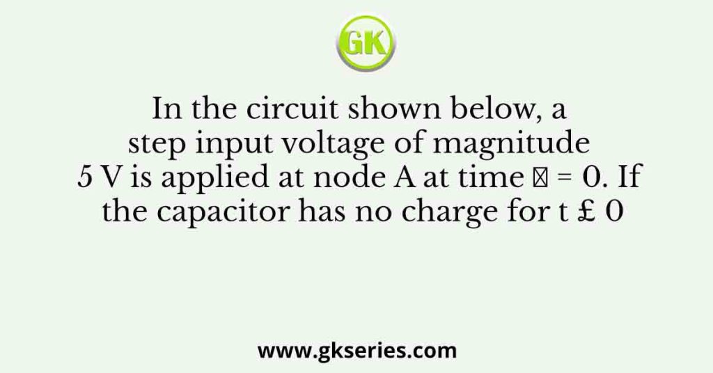 In the circuit shown below, a step input voltage of magnitude 5 V is applied at node A at time 𝑡 = 0. If the capacitor has no charge for t £ 0