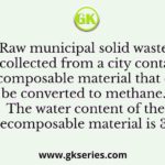Raw municipal solid waste (MSW) collected from a city contains 70% decomposable material that can be converted to methane. The water content of the decomposable material is 35%