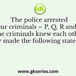 The police arrested four criminals – P, Q, R and S. The criminals knew each other. They made the following statements