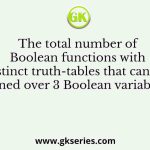 The total number of Boolean functions with distinct truth-tables that can be defined over 3 Boolean variables is