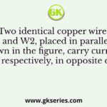 Two identical copper wires W1 and W2, placed in parallel as shown in the figure, carry currents I and 2I, respectively, in opposite directions