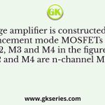 voltage amplifier is constructed using enhancement mode MOSFETs labeled M1, M2, M3 and M4 in the figure below. M1, M2 and M4 are n-channel MOSFETs