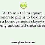 A 0.5 m × 0.5 m square concrete pile is to be driven in a homogeneous clayey soil having undrained shear strength