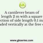 A cantilever beam of length 2 m with a square section of side length 0.1 m is loaded vertically at the free end