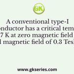 A conventional type-I superconductor has a critical temperature of 4.7 K at zero magnetic field and a critical magnetic field of 0.3 Tesla at 0 K