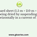A fiberboard sheet (1.5 m × 2.0 m × 15 mm) is being dried by suspending it horizontally in a current of hot