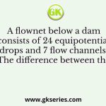 A flownet below a dam consists of 24 equipotential drops and 7 flow channels. The difference between the