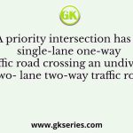 A priority intersection has a single-lane one-way traffic road crossing an undivided two- lane two-way traffic road