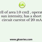 A solar cell of area 1.0 cm2 , operating at 1.0 sun intensity, has a short circuit current of 20 mA
