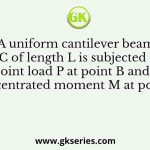 A uniform cantilever beam ABC of length L is subjected to a point load P at point B and a concentrated moment M at point C