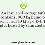 An insulated storage tank contains 1000 kg liquid of specific heat 10 kJ kg-1 K-1. The liquid is heated by saturated steam