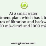 At a small water treatment plant which has 4 filters the rates of filtration and backwashing are 200 m3/d/m2 and 1000 m3/d/m2