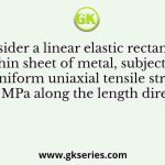 Consider a linear elastic rectangular thin sheet of metal, subjected to uniform uniaxial tensile stress of 100 MPa along the length direction