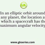In an elliptic orbit around any planet, the location at which a spacecraft has the maximum angular velocity is