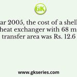 In the year 2005, the cost of a shell and tube heat exchanger with 68 m2 heat transfer area was Rs. 12.6 Lakh