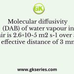 Molecular diffusivity (DAB) of water vapour in air is 2.6×10-5 m2 s-1 over an effective distance of 3 mm