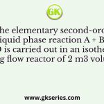 The elementary second-order liquid phase reaction A + B → C + D is carried out in an isothermal plug flow reactor of 2 m3 volume