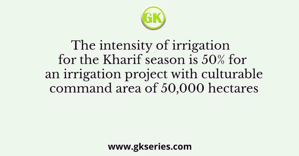 The intensity of irrigation for the Kharif season is 50% for an irrigation project with culturable command area of 50,000 hectares