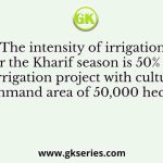 The intensity of irrigation for the Kharif season is 50% for an irrigation project with culturable command area of 50,000 hectares