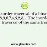 The postorder traversal of a binary tree is 8,9,6,7,4,5,2,3,1. The inorder traversal of the same tree