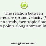The relation between pressure (p) and velocity (V) for a steady, isentropic flow at two points along a streamline is