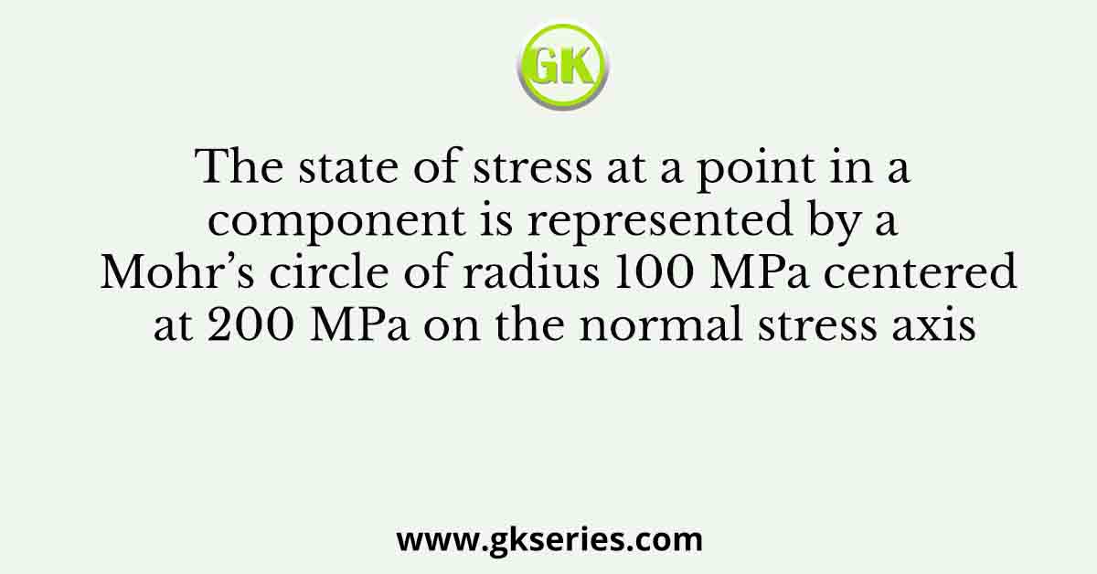 The state of stress at a point in a component is represented by a Mohr’s circle of radius 100 MPa centered at 200 MPa on the normal stress axis