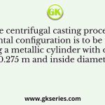 True centrifugal casting process in horizontal configuration is to be used for casting a metallic cylinder with outside diameter 0.275 m and inside diameter 0.250 m