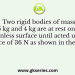 Two rigid bodies of mass 5 kg and 4 kg are at rest on a frictionless surface until acted upon by a force of 36 N as shown in the figure